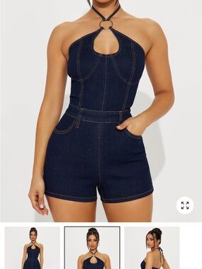 Denim Halter Romper in Dark Blue